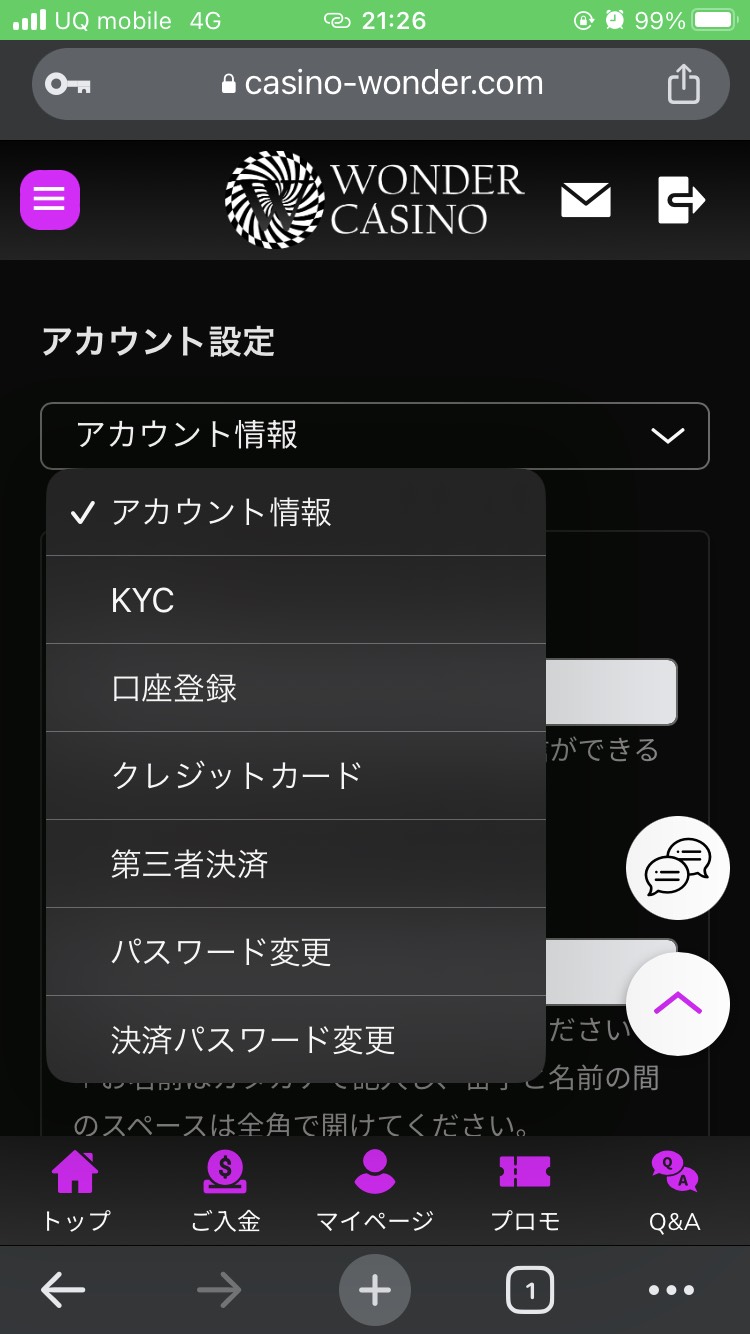ワンダーカジノ　アカウント情報　タブ
