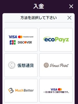 入金ページから支払い方法を選択