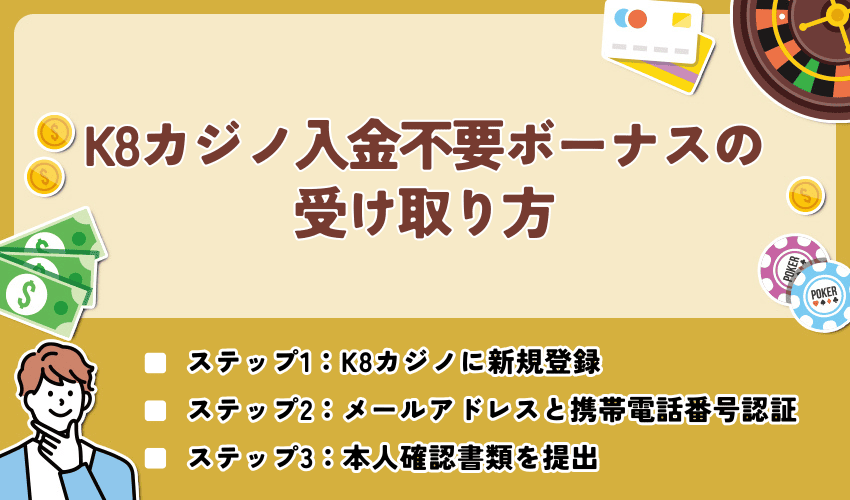 K8カジノの入金不要ボーナスの受け取り方