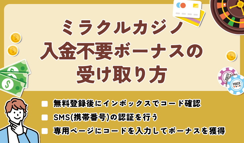 ミラクルカジノ入金不要ボーナスの受け取り方