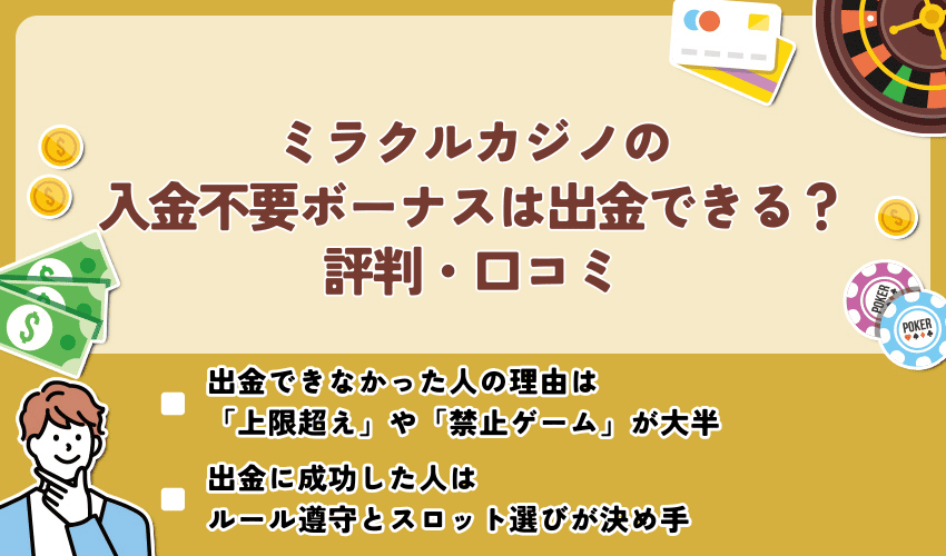 ミラクルカジノ入金不要ボーナスは出金できる？評判・口コミ